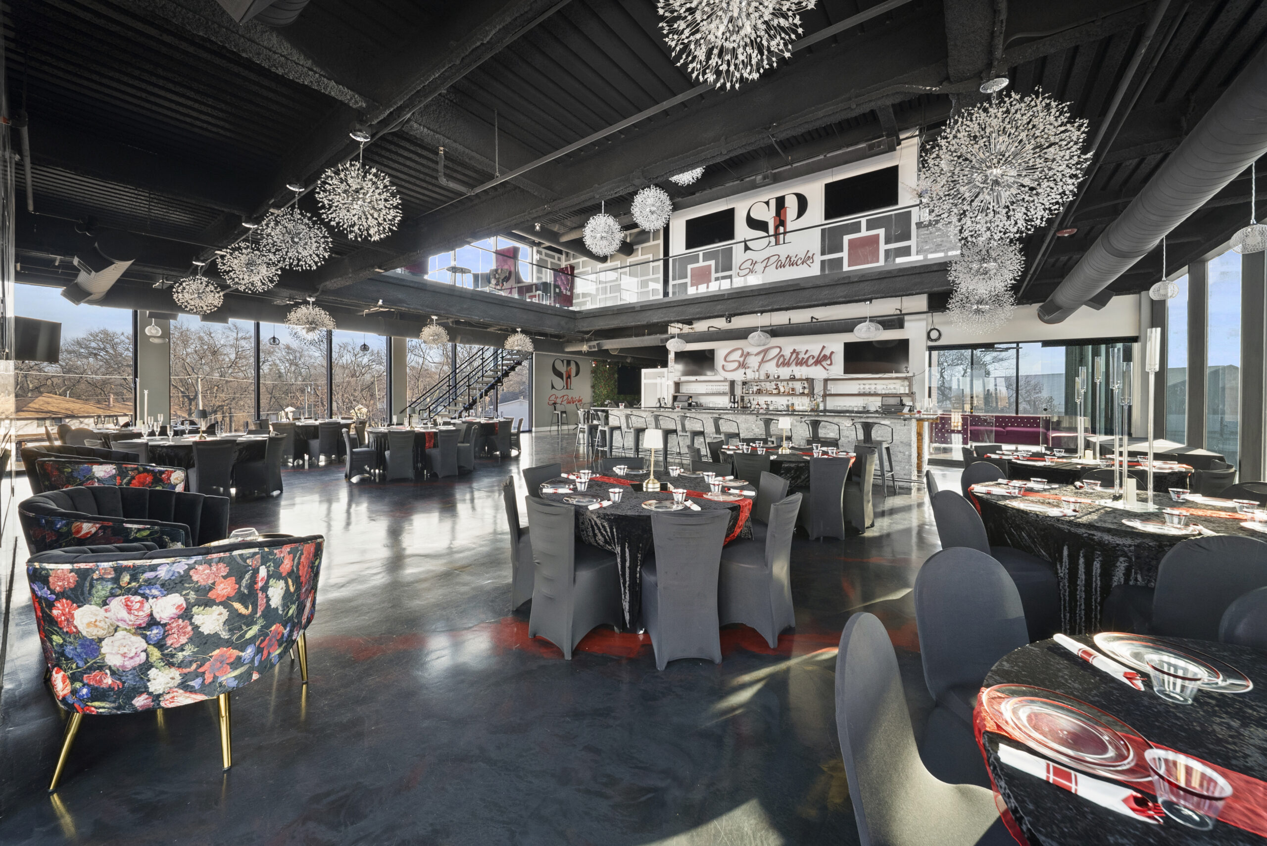 Main event floor with crystal chandeliers